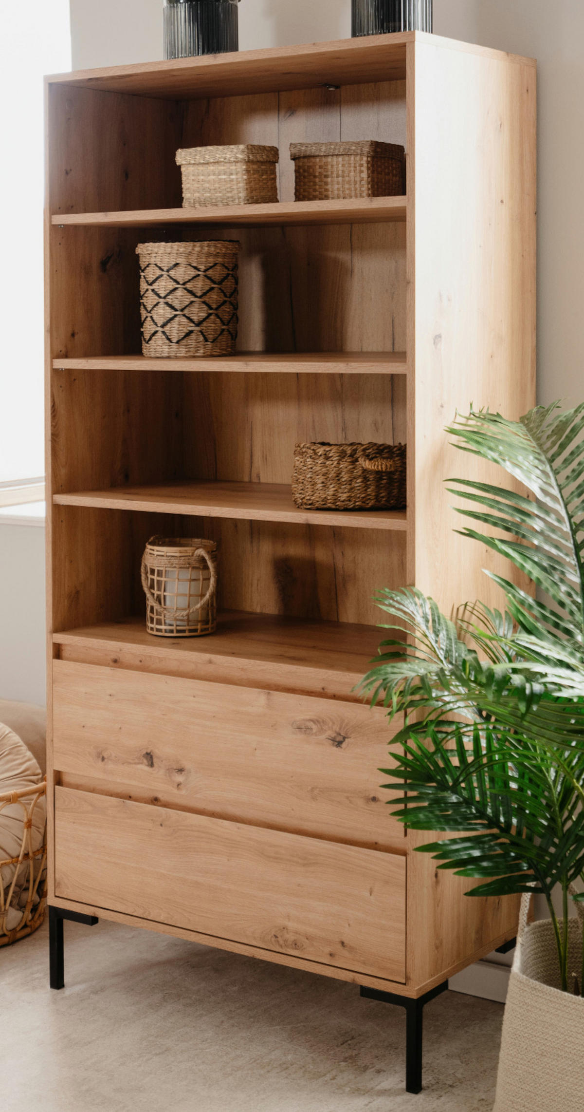 REGALSCHRANK Eiche Artisan 78 cm, Regal mit 2 Schubladen - Schwarz/Eiche Artisan, Holzwerkstoff/Metall (77.5/165/40cm) - Furn.Design