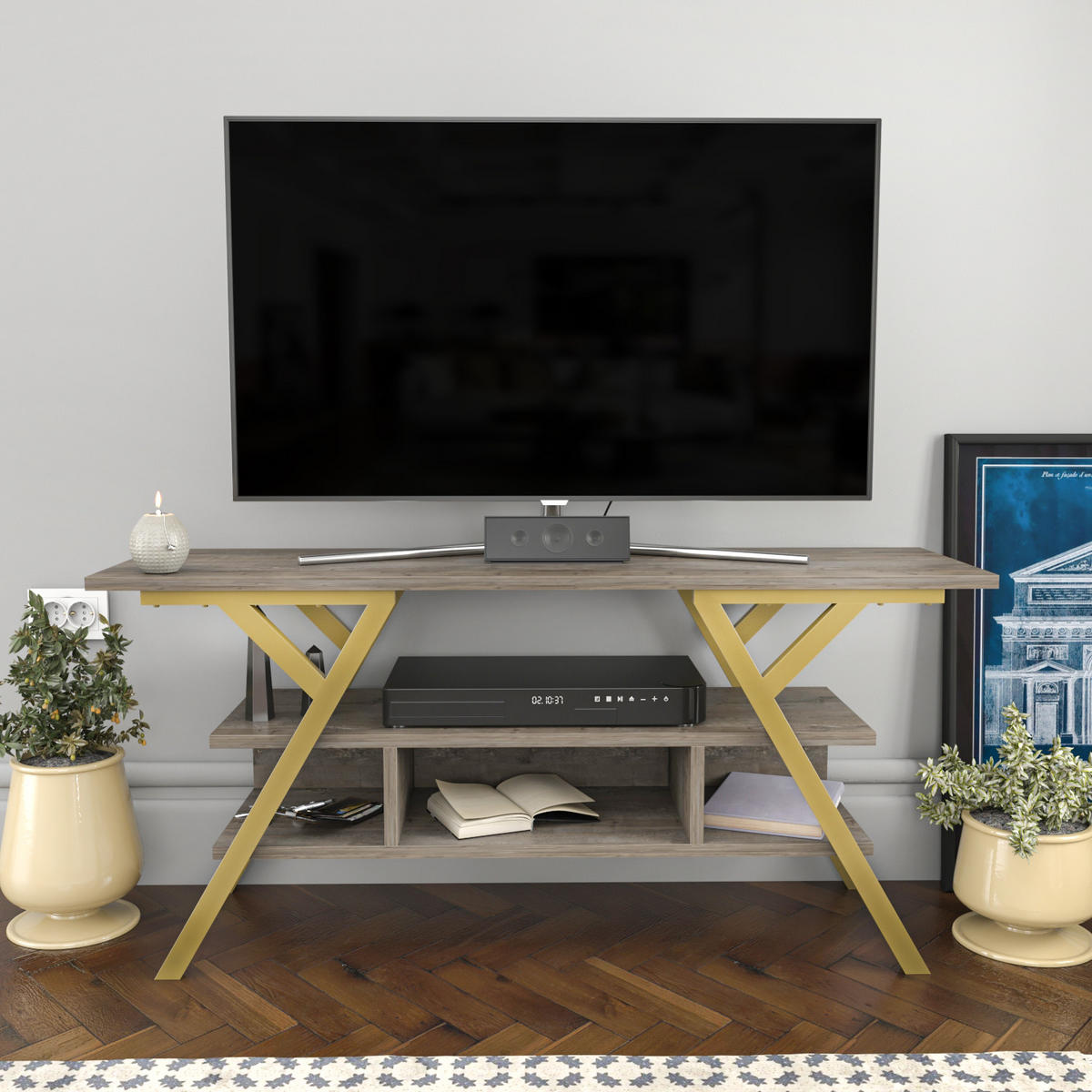 TV Stand Minerva Gold und Wenge - Graubraun, Holzwerkstoff (120/55/35cm) - Decorotika