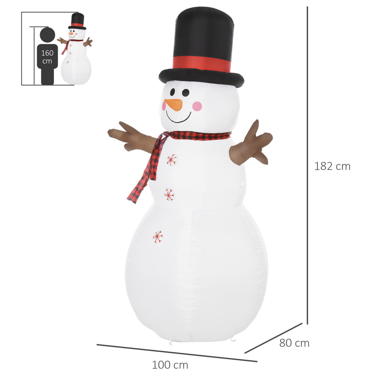AUFBLASBARER Schneemann, Polyester, Weiß+Schwarz - Multicolor, Kunststoff (80/182/100cm) - HOMCOM