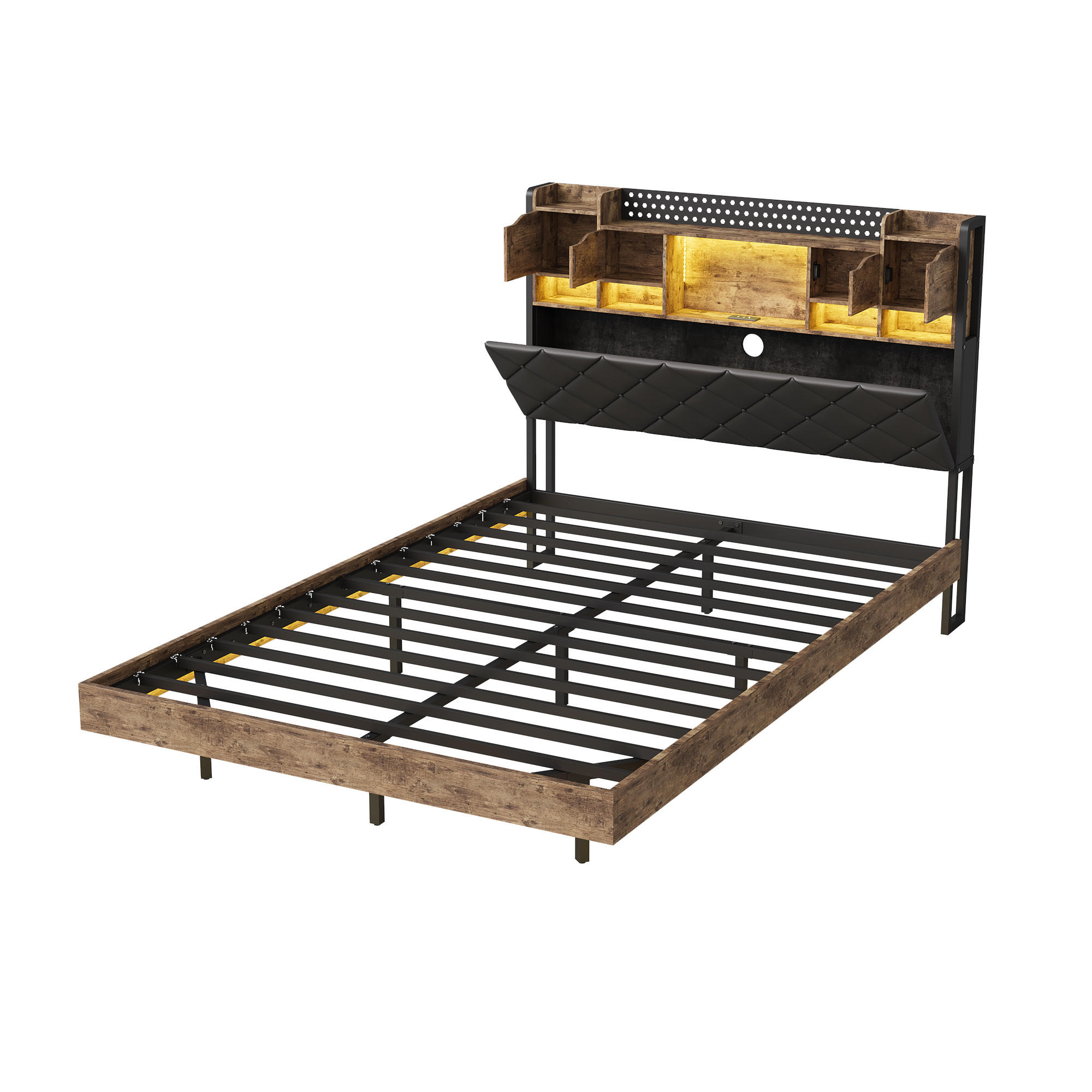 POLSTERBETT 140x200 cm mit LED & USB, Doppelbett mit Kopfteil Stauraum, Schwebebett Holzoptik Metall - Schwarz, Metall (140/200cm) - EuroLiving