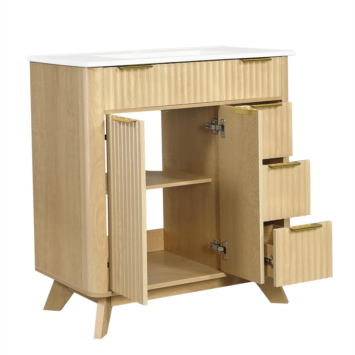 BADEZIMMERSCHRANK Wellenoptik Holzton 3 Schubladen 81cm - Naturfarben, Keramik (81/90/47cm) - FLIEKS