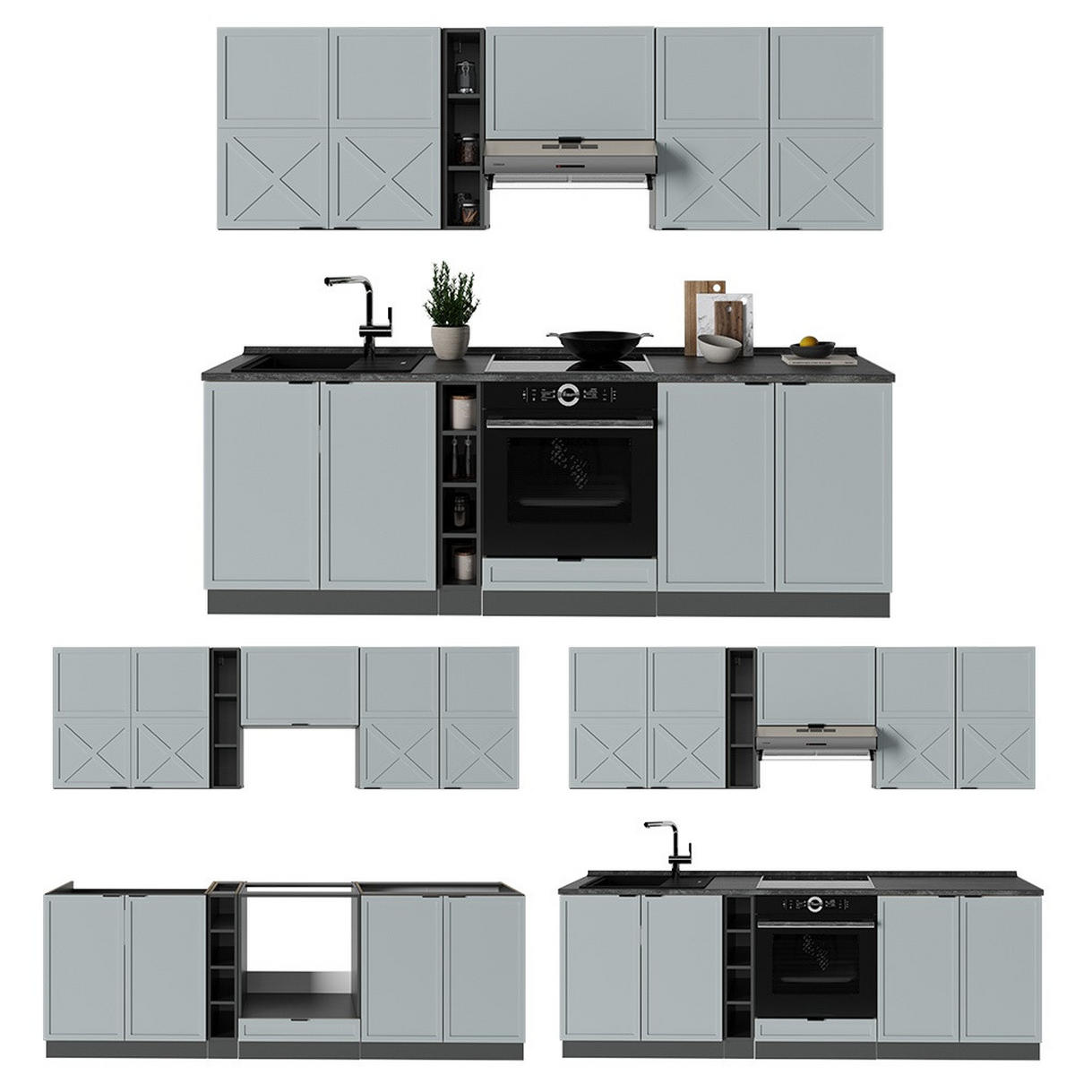 KUHINJSKA ENOTA Fame-Line Svetlo modro-siva/antracitna 235 cm , DP Marmor - svetlo modra/antracit, leseni material (235/206.8/60cm) - Vicco