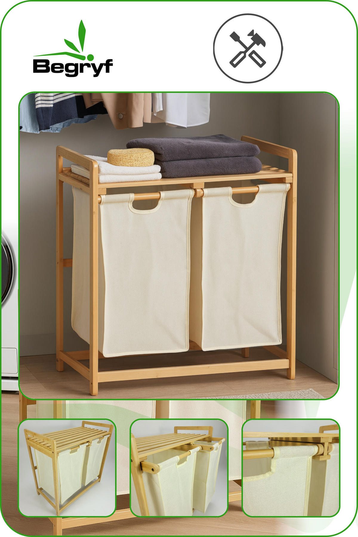 WÄSCHEKORB Bambus Textil Beige Naturfarben 2 Kammern 70x35x68 cm - Beige/Naturfarben, Holz/Textil (70/68/36.5cm) - Begryf