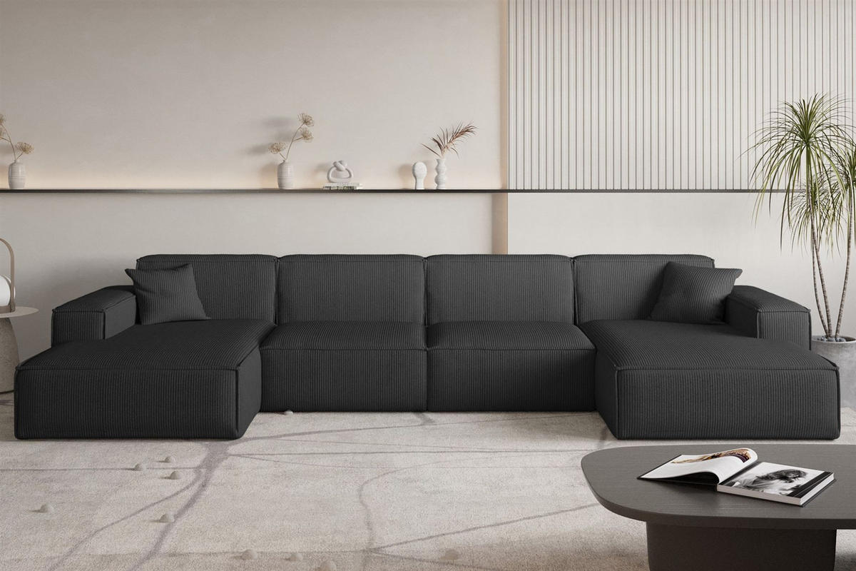 WOHNLANDSCHAFT Celes Premium In Scala - Schwarz, Holzwerkstoff/Textil (379/73/165cm) - Fun Möbel