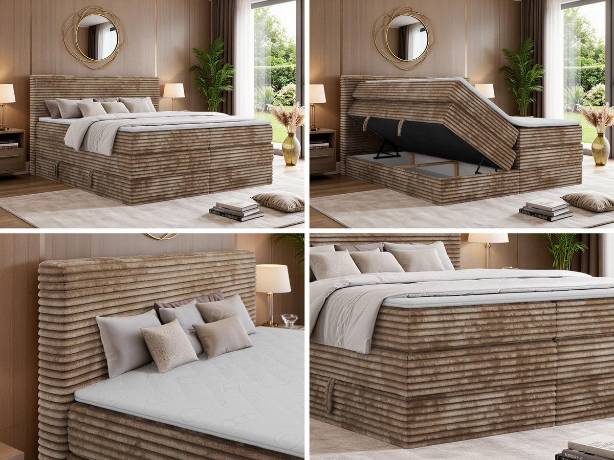 BOXSPRINGBETT TILION KING 140/200 - Braun Cord - Topper Visco - H3 - Schwarz/Braun, Kunststoff/Textil (140/200cm) - MKS