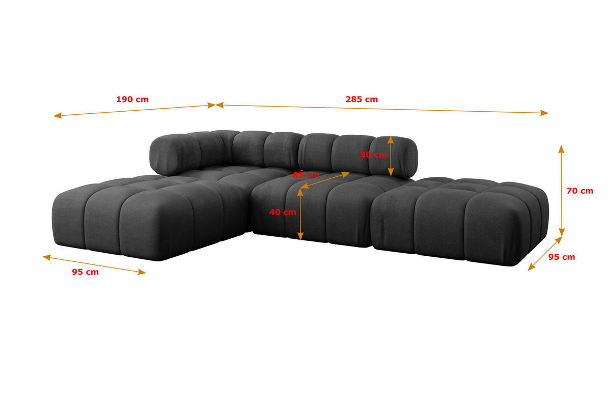 ECKSOFA modulares Sofa Kerru-L1 - 285x190x70 cm Schwarz Velours - Schwarz, Holzwerkstoff/Textil (285/190cm) - ALTDECOR