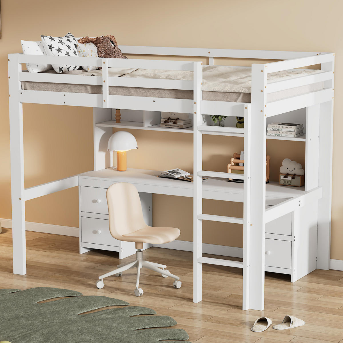 HOCHBETT 90/200 cm Weiß mit Schreibtisch und Stauraum - Weiß, Holz (90/200cm) - Flora Grace