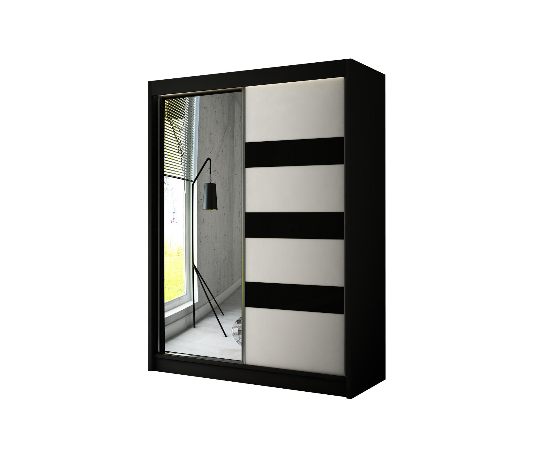 KLEIDERSCHRANK mit LED, Spiegel und Schiebetüre LOSTE- 120 cm Schwarz|Schwarz - Schwarz, Holzwerkstoff (120/215/61cm) - ALTDECOR