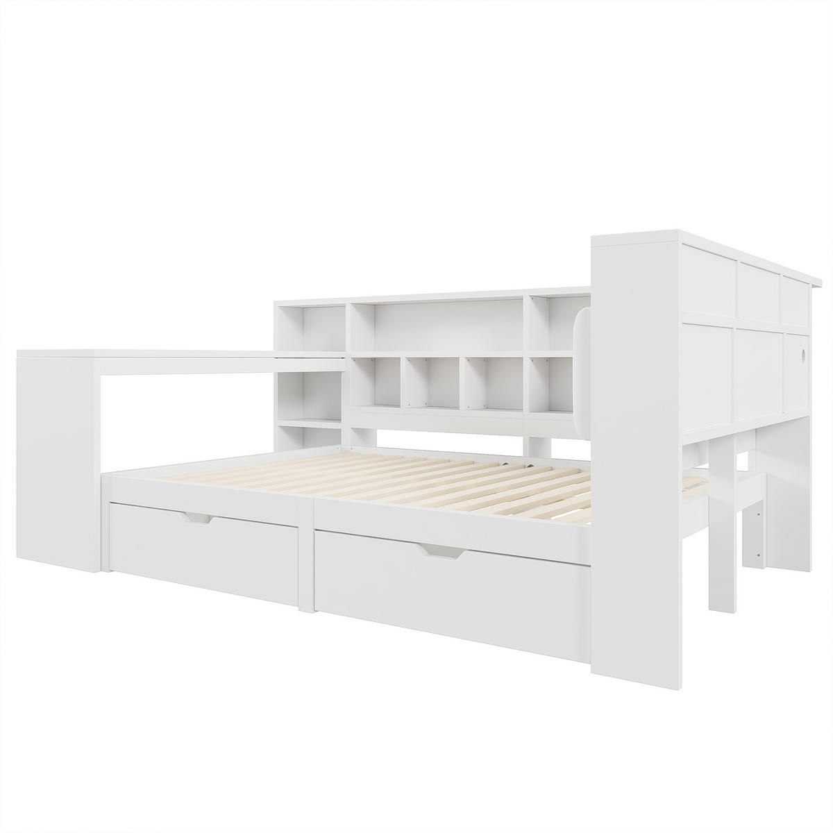 BETT 140/200 cm in Weiß mit Schubladen, LED und Schreibtisch - Weiß, Holzwerkstoff/Textil (140/200cm) - WISHDOR