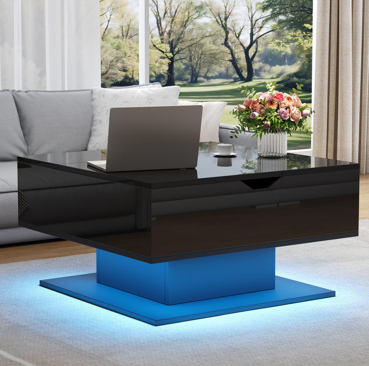 COUCHTISCH höhenverstellbar 80 x 75 x 40 cm Hochglanz Schwarz mit Stauraum - Schwarz, Holzwerkstoff (80/75/40cm) - Meubliv