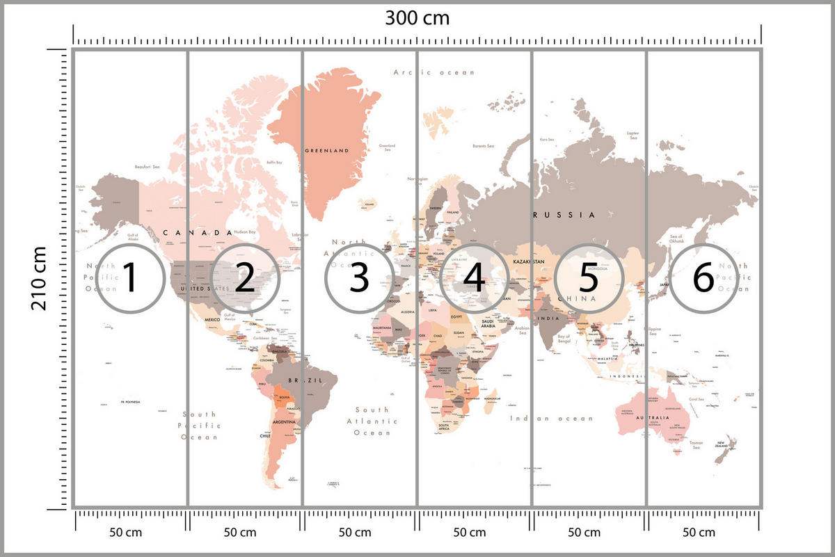 FOTOTAPETE für Büro Pastell Weltkarte Kontinente Ozean Länder 300x210 - Beige/Schwarz, Papier (300/210cm) - Muralo
