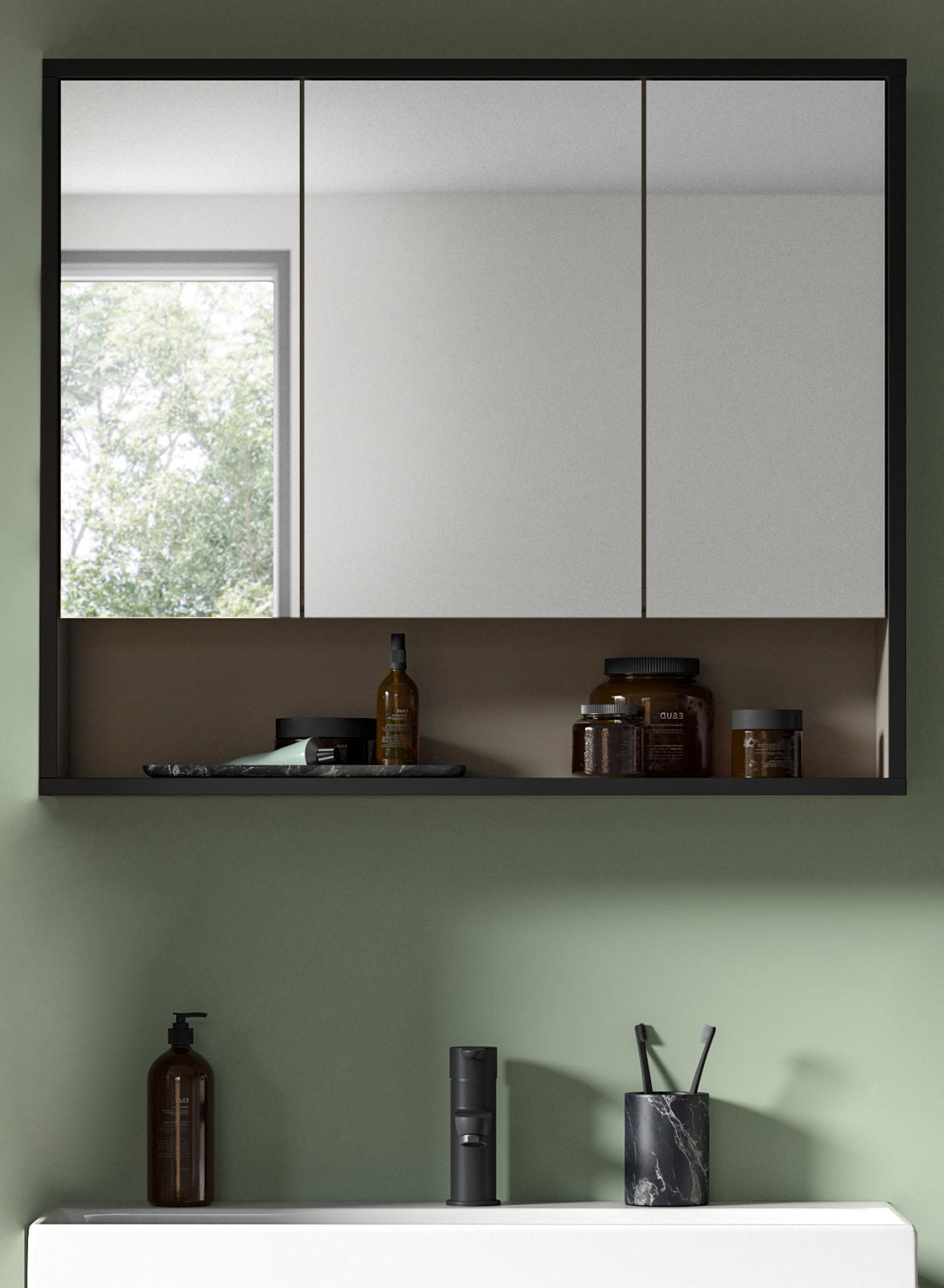 SPIEGELSCHRANK schwarz, sand 80 cm 3-türig, Badschrank mit Soft-Close - Sandfarben/Schwarz, Glas/Holzwerkstoff (80/68/19cm) - Inn.Furn