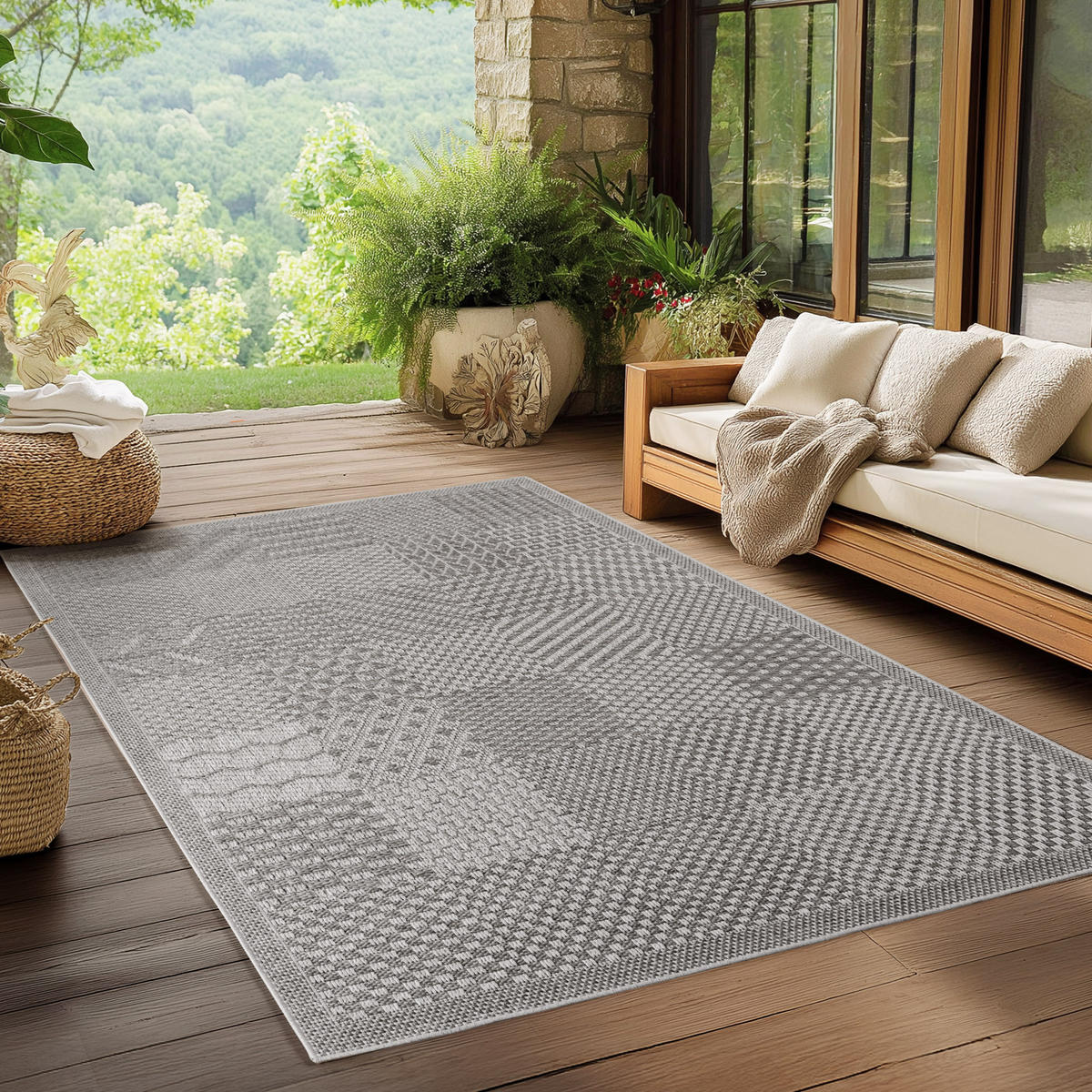TEPPICH In-/Outdoor Flachgewebe Karomuster Polypropylen Küche Grau Rechteckig 200x290 - Grau, Textil (200/290cm) - KADIMA DESIGN
