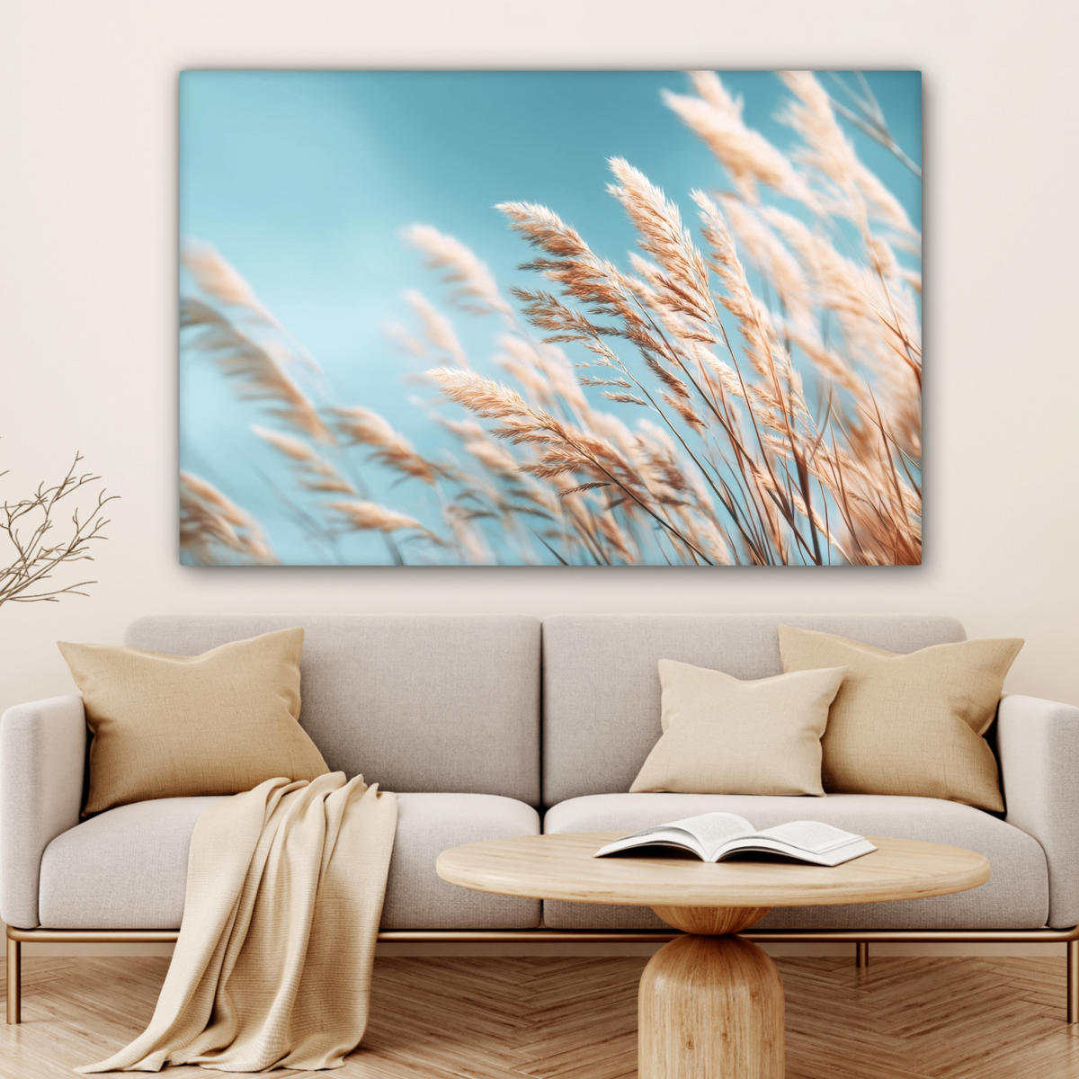 LEINWANDBILD Ziergras - Wind - Hellbraun XXL 150x100 cm - Hellblau, Textil (150/100cm) - MuchoWow