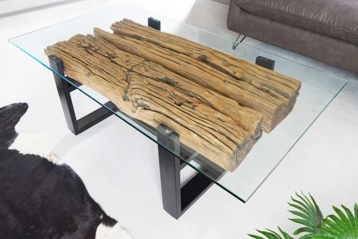 COUCHTISCH BARRACUDA Teakholz rechteckig Natur|Transparent|Schwarz 130cm - Transparent/Schwarz, Glas/Holz (70/130/42cm) - riess-ambiente