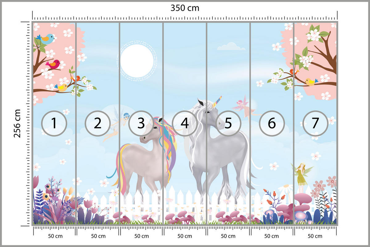 FOTOTAPETE für Kinderzimmer Einhörner Wiese Vögel Bäume Blumen 350x256 - Multicolor, Papier (350/256cm) - Muralo