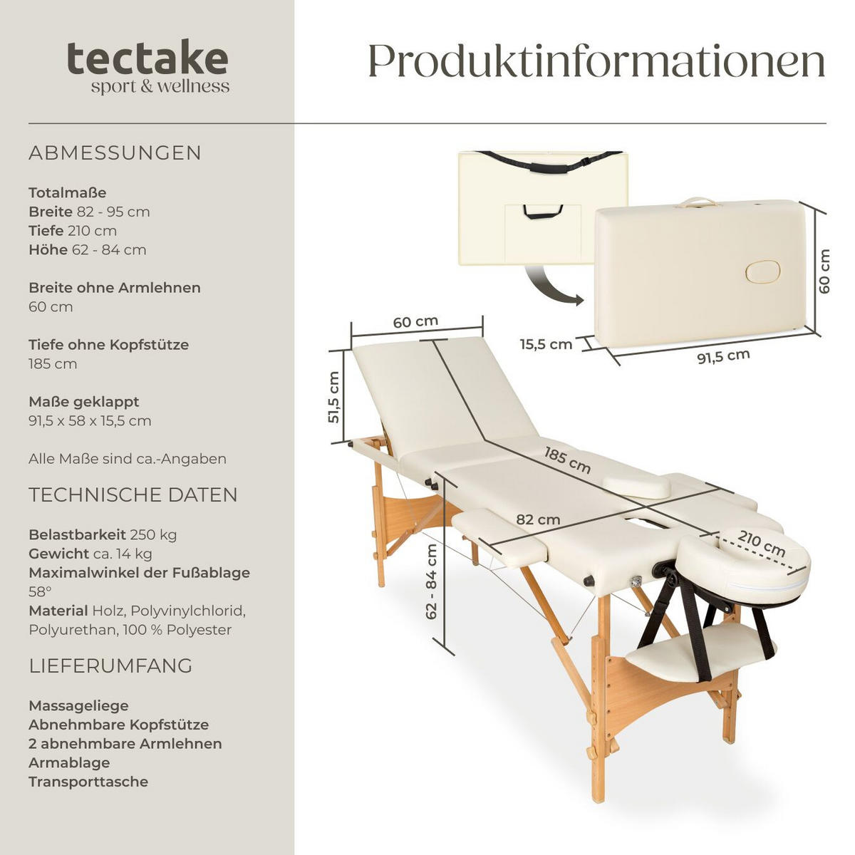 MASSAGELIEGE 3 Zonen Daniel,210 x 95 x 84 cm,beige - Beige, Holz (60/62/185cm) - tectake