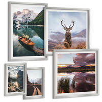BILDER SET 5er Set - 50x50 cm & 20x30 cm & 40x60 cm Silberner Rahmen - Bergsee, Bootsfahrt, Sonnenuntergang, Hirsche - Silberfarben, Kunststoff (40/60cm) - TULUP