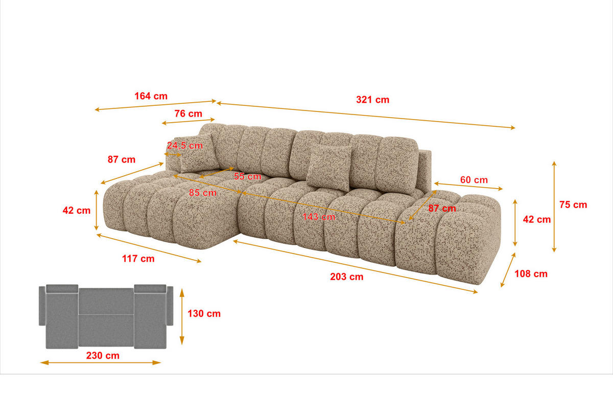 ECKSOFA mit Schlaffunktion Ottomane Links OLEA-L2 321x164x75 Braun Tissu - Alteiche/Schwarz, Holzwerkstoff/Kunststoff (321/164cm) - ALTDECOR