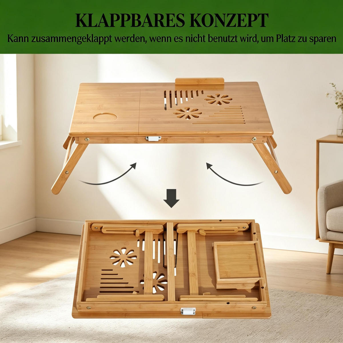 LAPTOPTISCH DE-37258 klappbar höhenverstellbar mit Schublade Natur - Naturfarben, Naturmaterialien (55/35/32.5cm) - ComfortXL