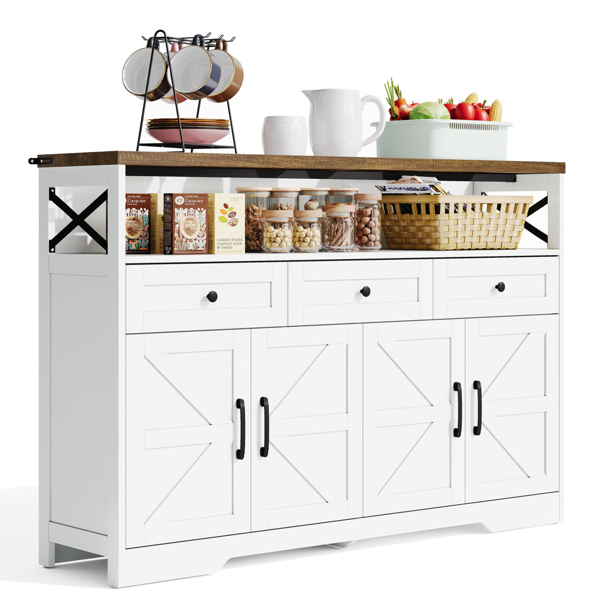 Modfu PŘÍBORNÍK z MDF 140x35x95 cm bílá/hnědá se 3 zásuvkami a 2 skříňkami, rustikální styl