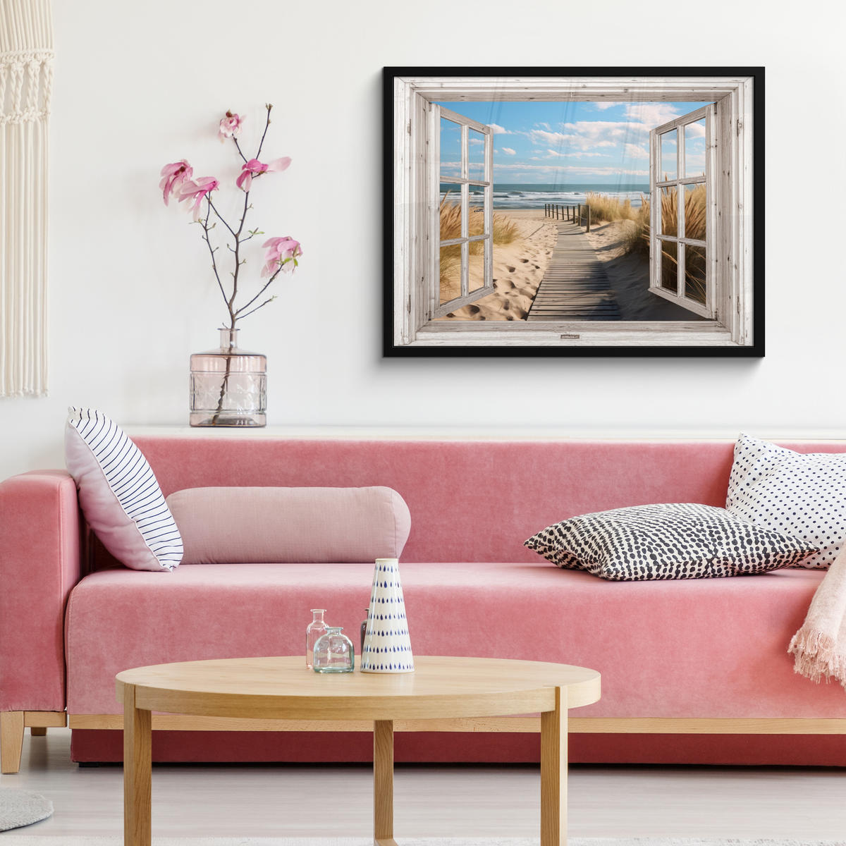 ZARÁMOVANÝ PLAGÁT Okno - more - pobrežie - príroda - výhľad - pláž - Waddenské more 80x60 cm - béžová, papier (80/60cm) - MuchoWow