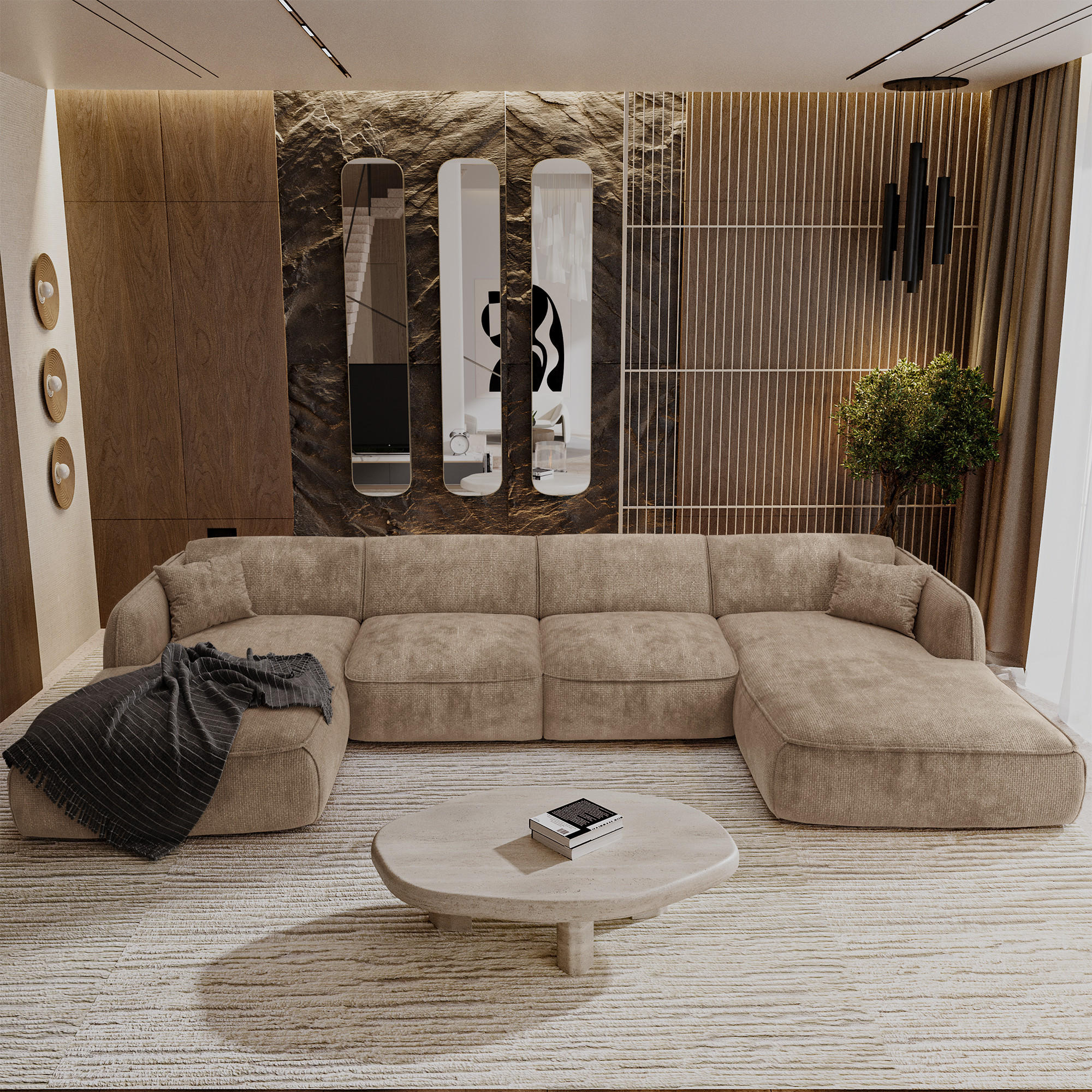 WOHNLANDSCHAFT Rastervelours Taupe 346cm - Taupe, Textil (346/76/166cm) - Sia Home