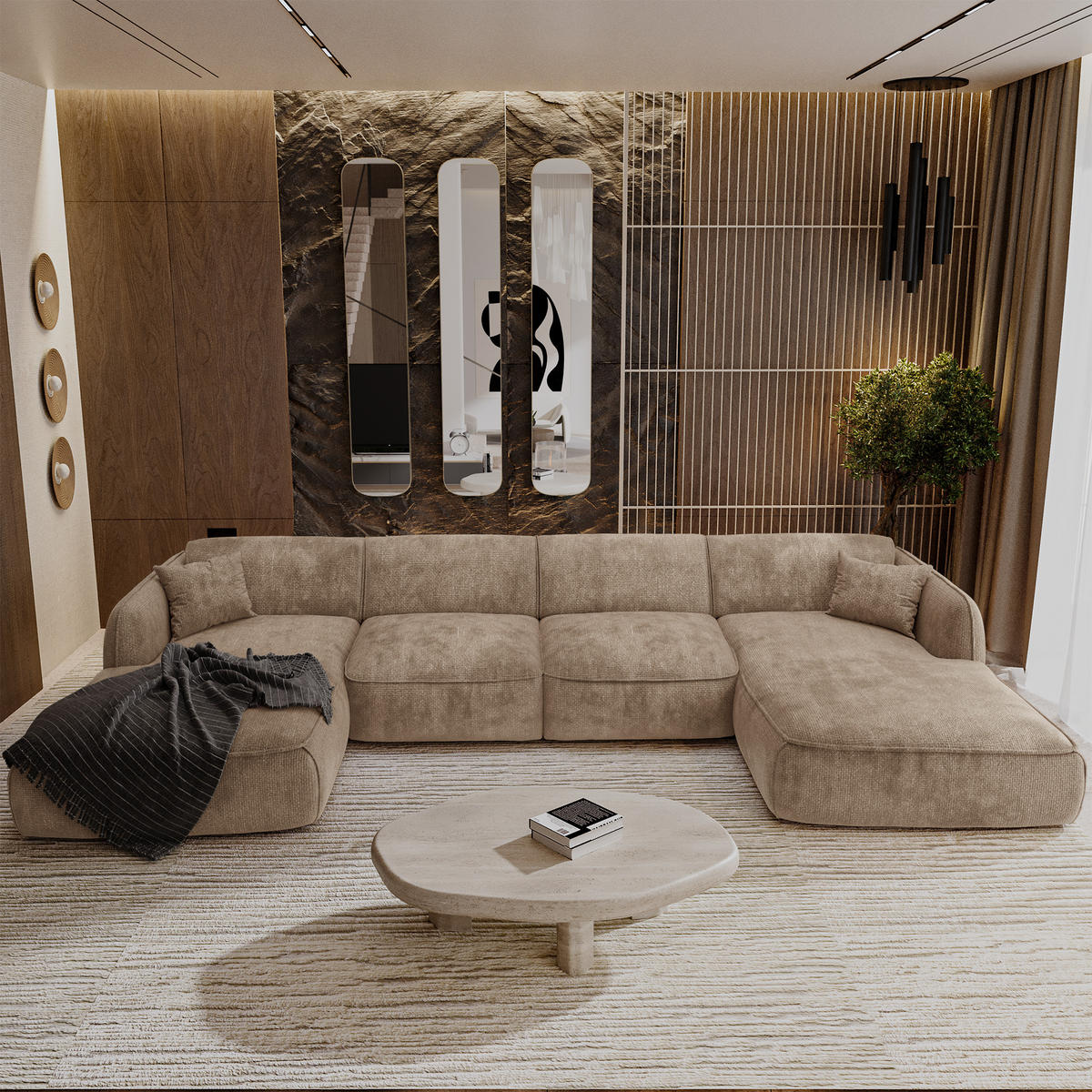 WOHNLANDSCHAFT Rastervelours Taupe 346cm - Taupe, Textil (346/76/166cm) - Sia Home