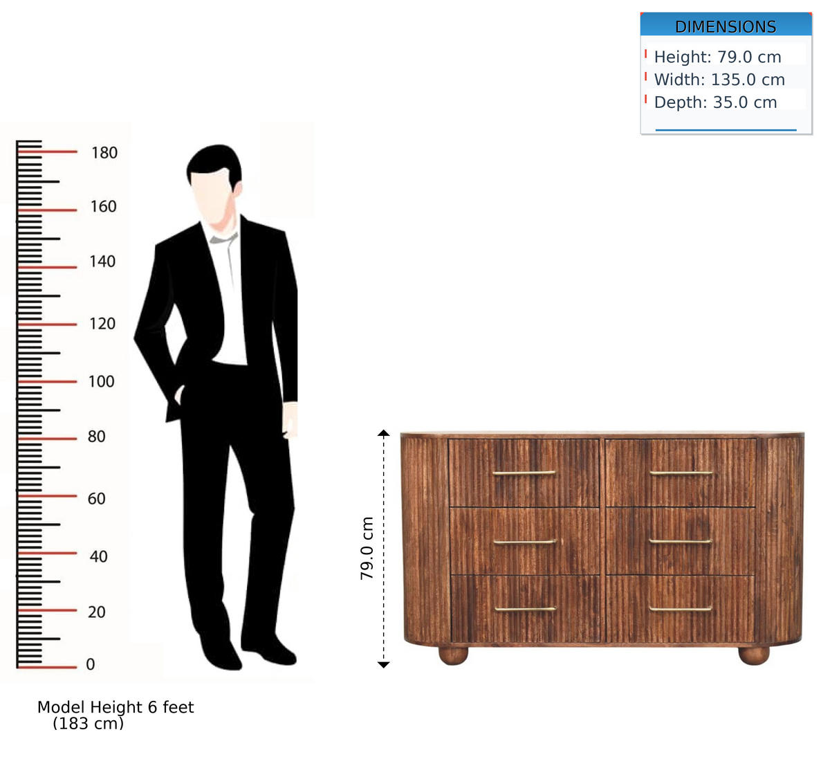 KOMMODE mit Roasted-Almond-Finish, 6 Schubladen, T-Bar-Griffe, geröstetes Braun - Goldfarben/Braun, Holz/Metall (135/79/35cm) - Artisan Furniture