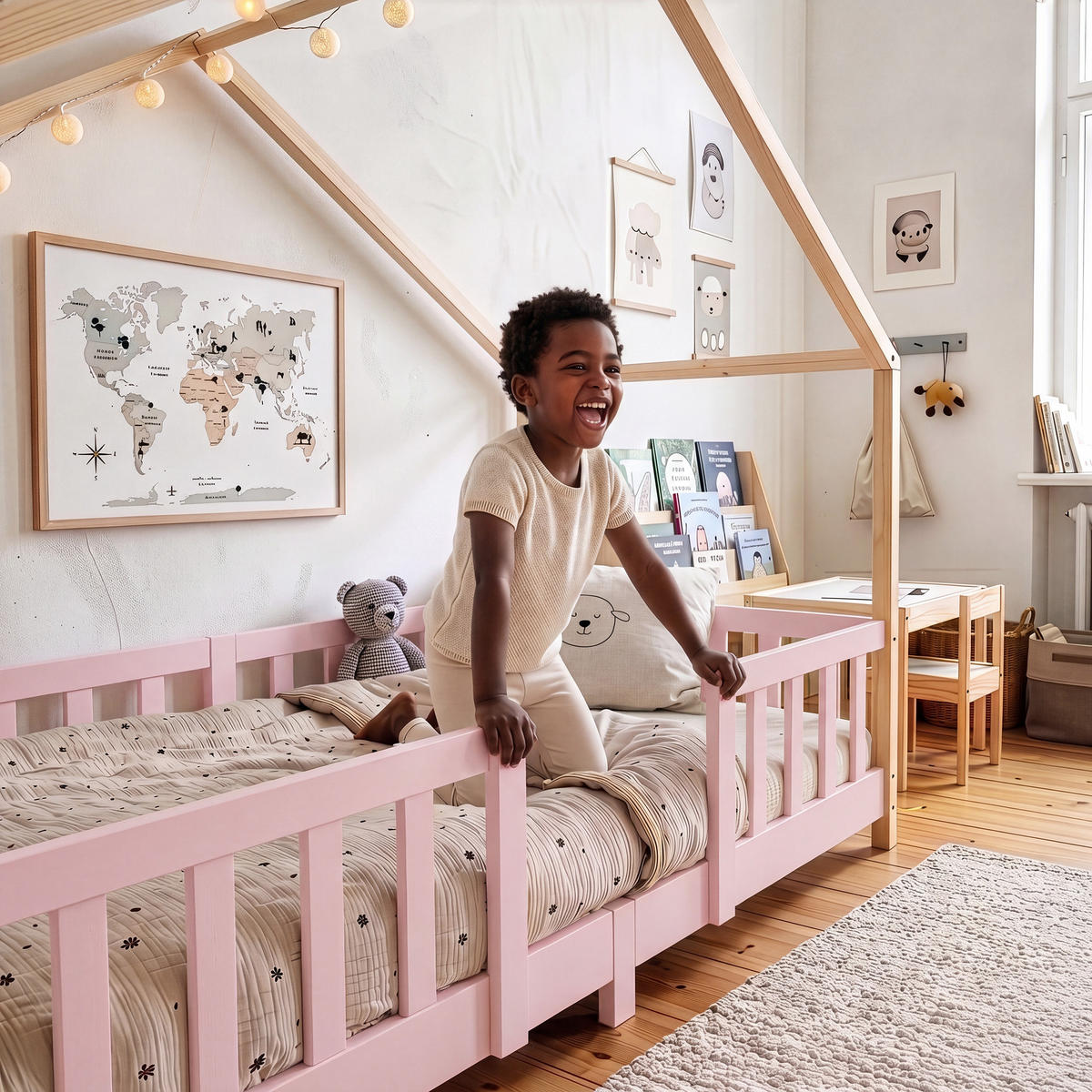 HAUSBETT Treviolo - Pink/Naturfarben, Holz (90/200cm) - [en.casa]