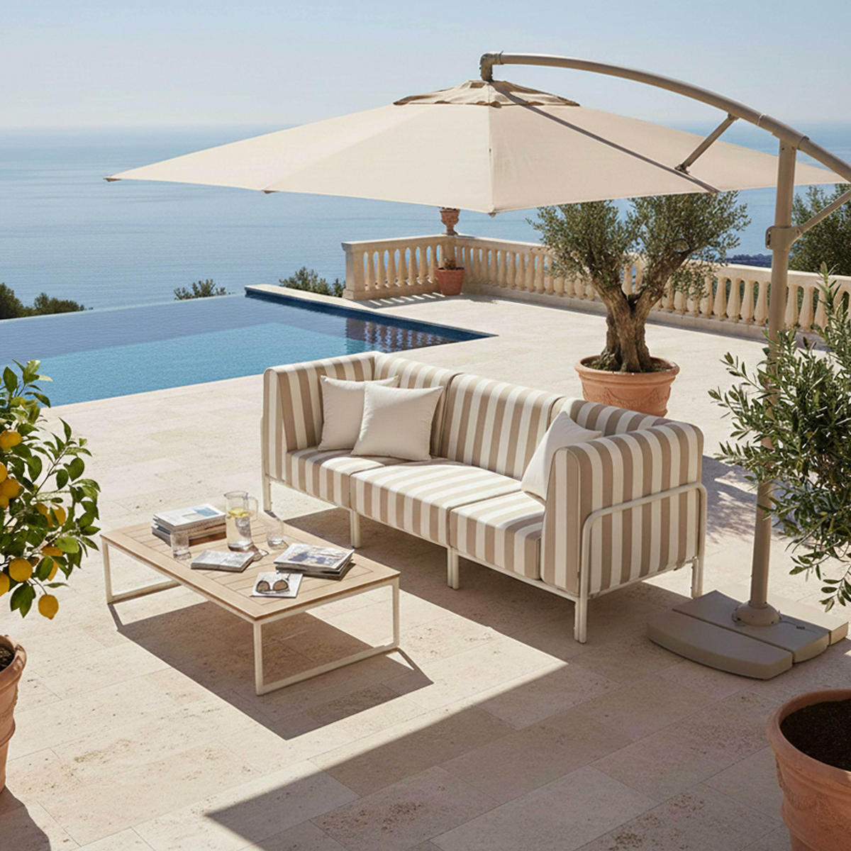 GARTENSOFA mit 3 Sitzplätzen, Beige - Beige, Textil (80/78/216cm) - Oviala