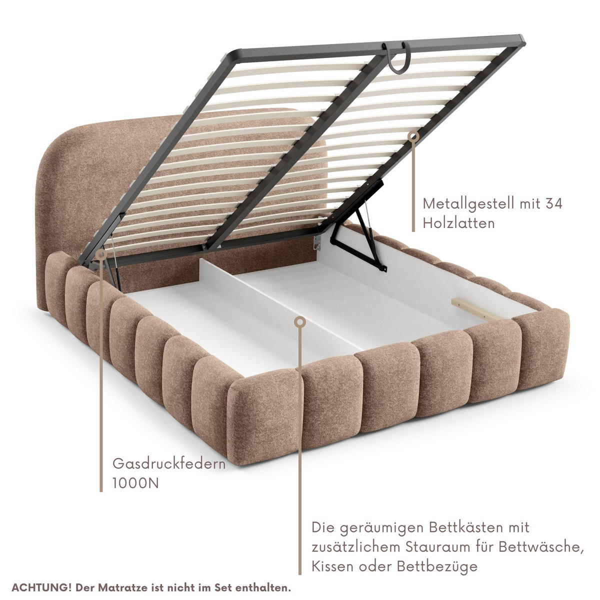 POLSTERBETT BELLURE mit Bettkasten 180x200,Doppelbett mit Stauraum,Lattenrost,Boxspringbett-Optik,ohne Matratze-Braun - Braun, Holz (180/200cm) - Furnistar