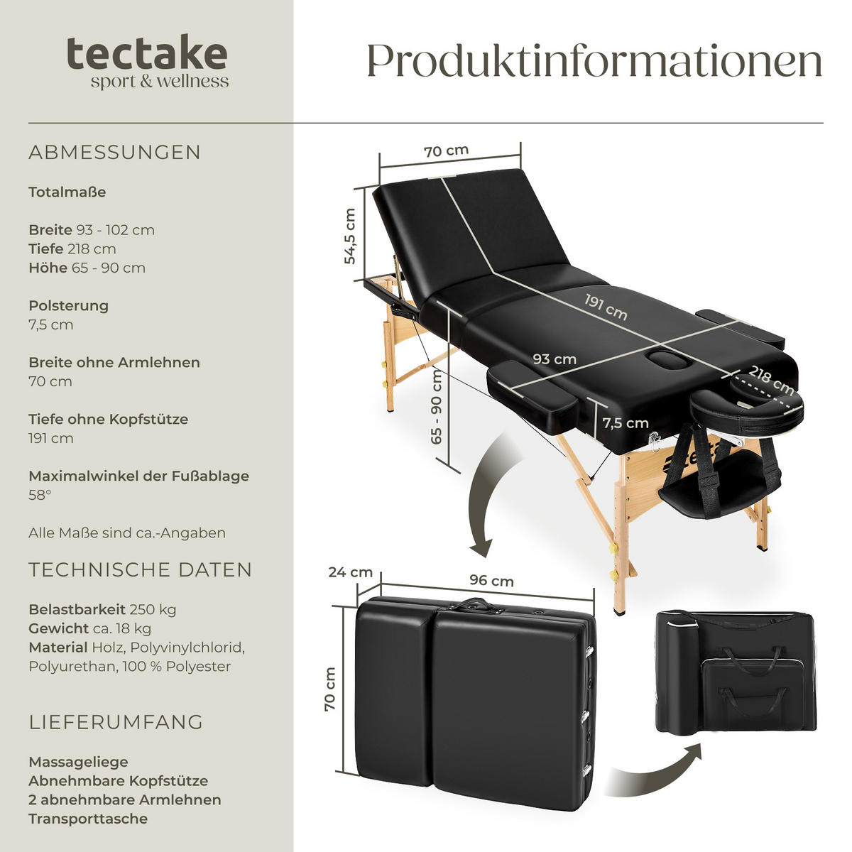 MASSAGELIEGE 3 Zonen Somwang,218 x 102 x 90 cm,schwarz - Schwarz, Holz (102/90/218cm) - tectake