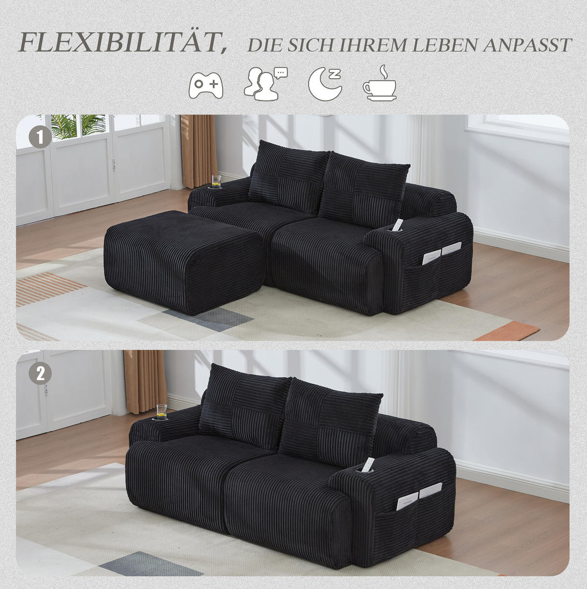 ECKSOFA 200/174/80 cm schwarz aus Cord mit Cupholder und Tasche - Schwarz, Textil (174/200cm) - OKWISH