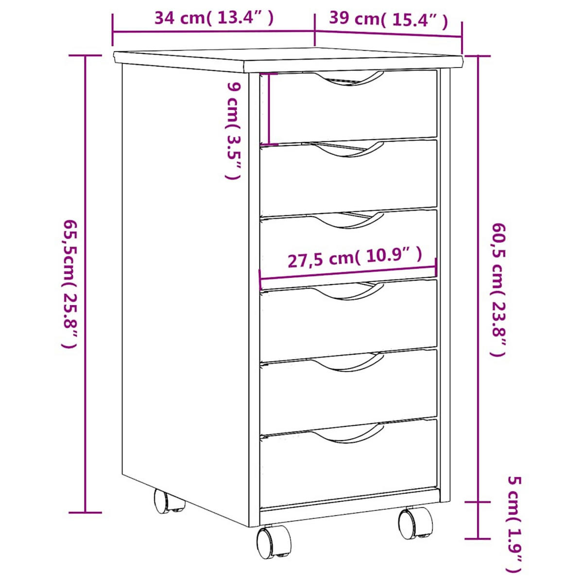 ROLLSCHRANK Mit Schubladen Moss Schwarz Massivholz Kiefer - Schwarz, Holz (39/65.5/34cm) - vidaXL