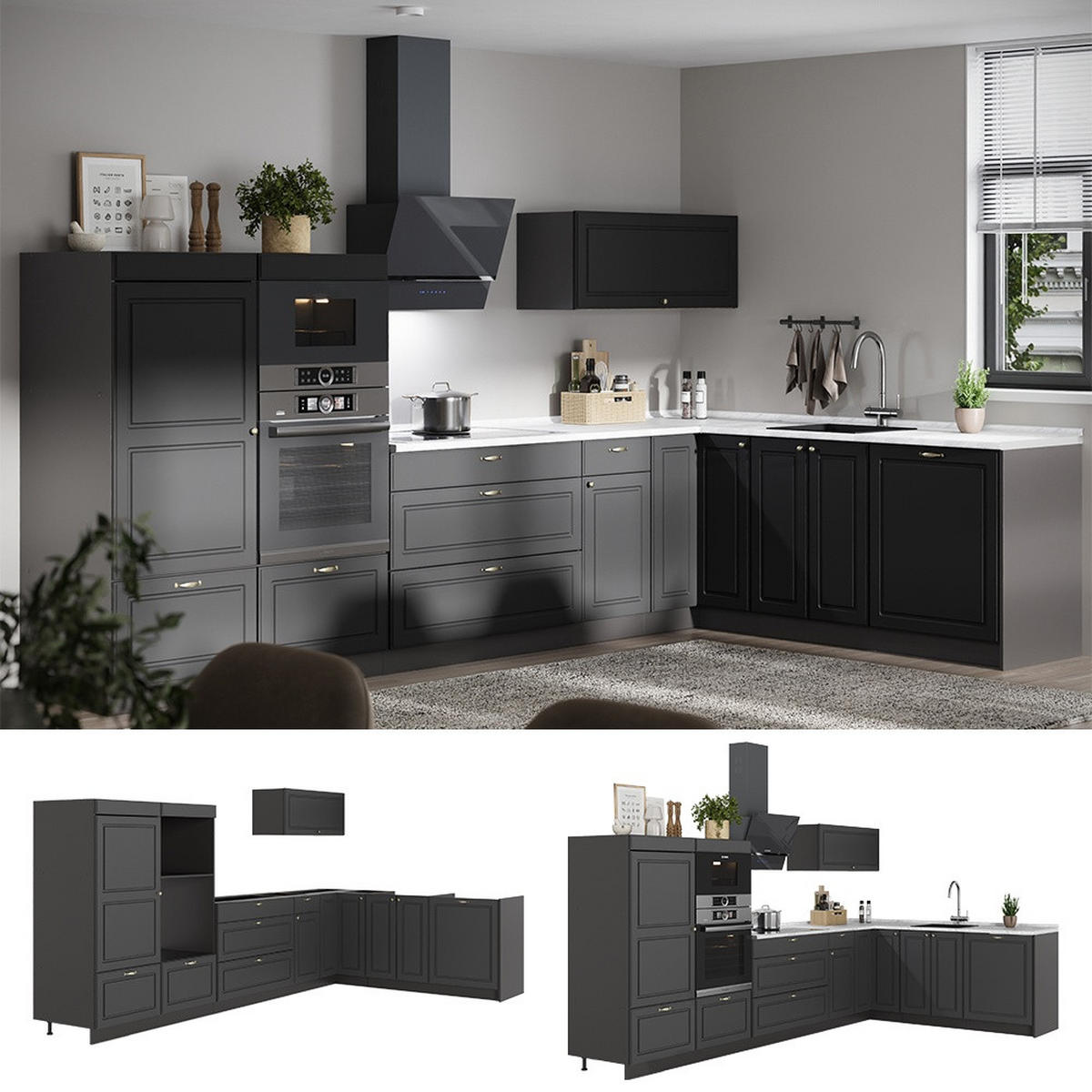 KUHINJA U OBLIKU SLOVA L Fame-Line, Seoska Antracit-Zlatna/Antracit, 347 x 207 cm, RP Hrast - antracit, drvni materijal (347/153.6/60cm) - Vicco
