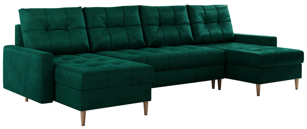 WOHNLANDSCHAFT Colin U Velvet Dunkelgrün - Dunkelgrün/Braun, Holz/Textil (290/75/140cm) - MKS