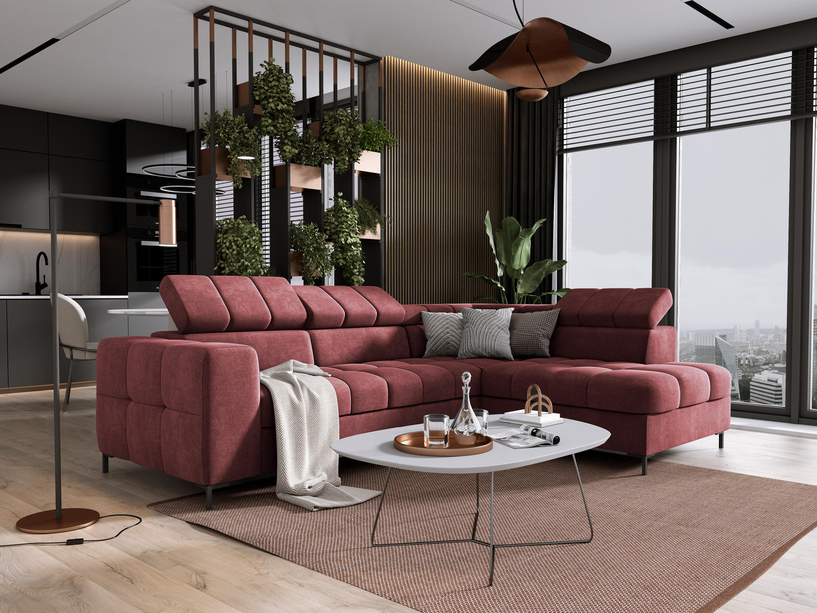 ECKSOFA PABLOS Vogue, L-förmig, Moderne, mit verstellbarem Kopfteil, Schlaf- & Lagermöglichkeiten, freistehend, RECHTS 279x201x97 cm Red - Rot, Holz/Textil (279/201cm) - DomoHome