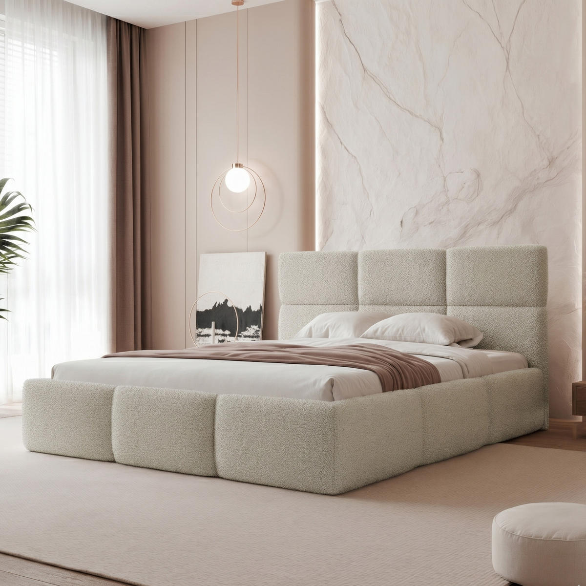 POLSTERBETT VIVIEN 160x200 cm Greige Bouclé (Stoff Coral) - mit Bettkasten und Lattenrost - Beige/Grau, Holzwerkstoff/Textil (160/200cm) - Ravio