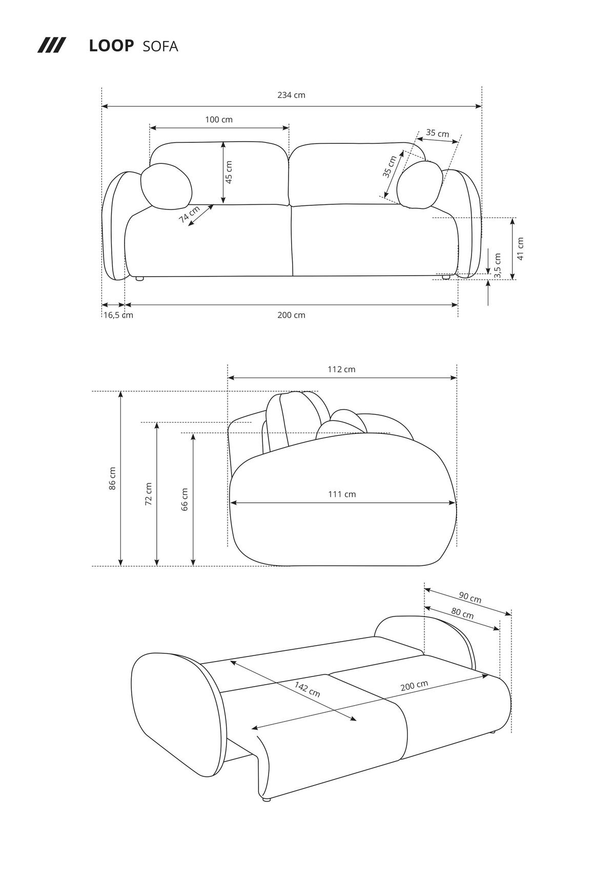 SOFA LOOP Schlaffunktion & Bettkasten PUR-Schaum Schwarze Kunststofffüße skandinavischer Stil lose Rückenkissen freistehend 234x112x86 cm Black - Schwarz, Holz/Textil (234/86/112cm) - DomoHome