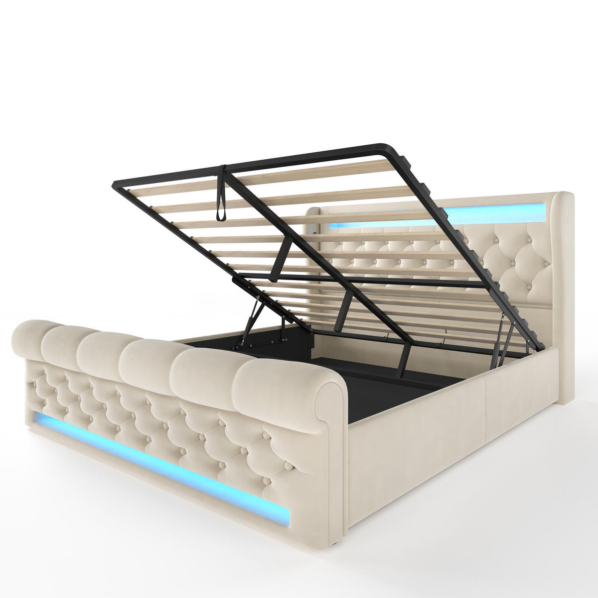 POLSTERBETT mit LED-Beleuchtung 160/200 cm in Beige mit Bettkasten - Beige, Textil (160/200cm) - BEAOK