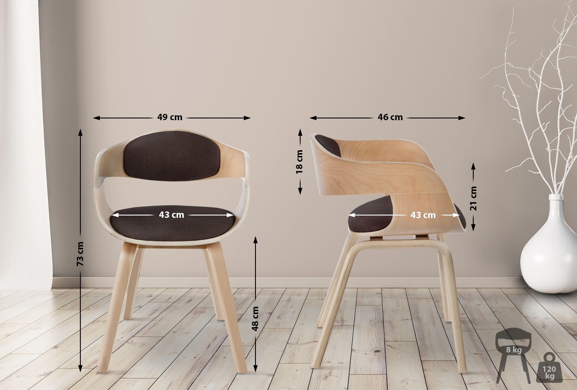 ARMLEHNENSTUHL Stoff Natura/Braun - Eukalyptusholzfarben/Braun, Holz/Textil (49/73/46cm) - CLP
