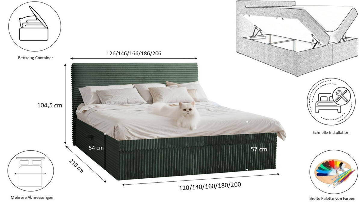 BOXBETT Bettkasten Und Topper TRENTO Ohne Bein Stoff Plüsch Cord 200x200 cm Grün H2-Pocket - Grün, Holz/Textil (200/200cm) - Kaiser Möbel