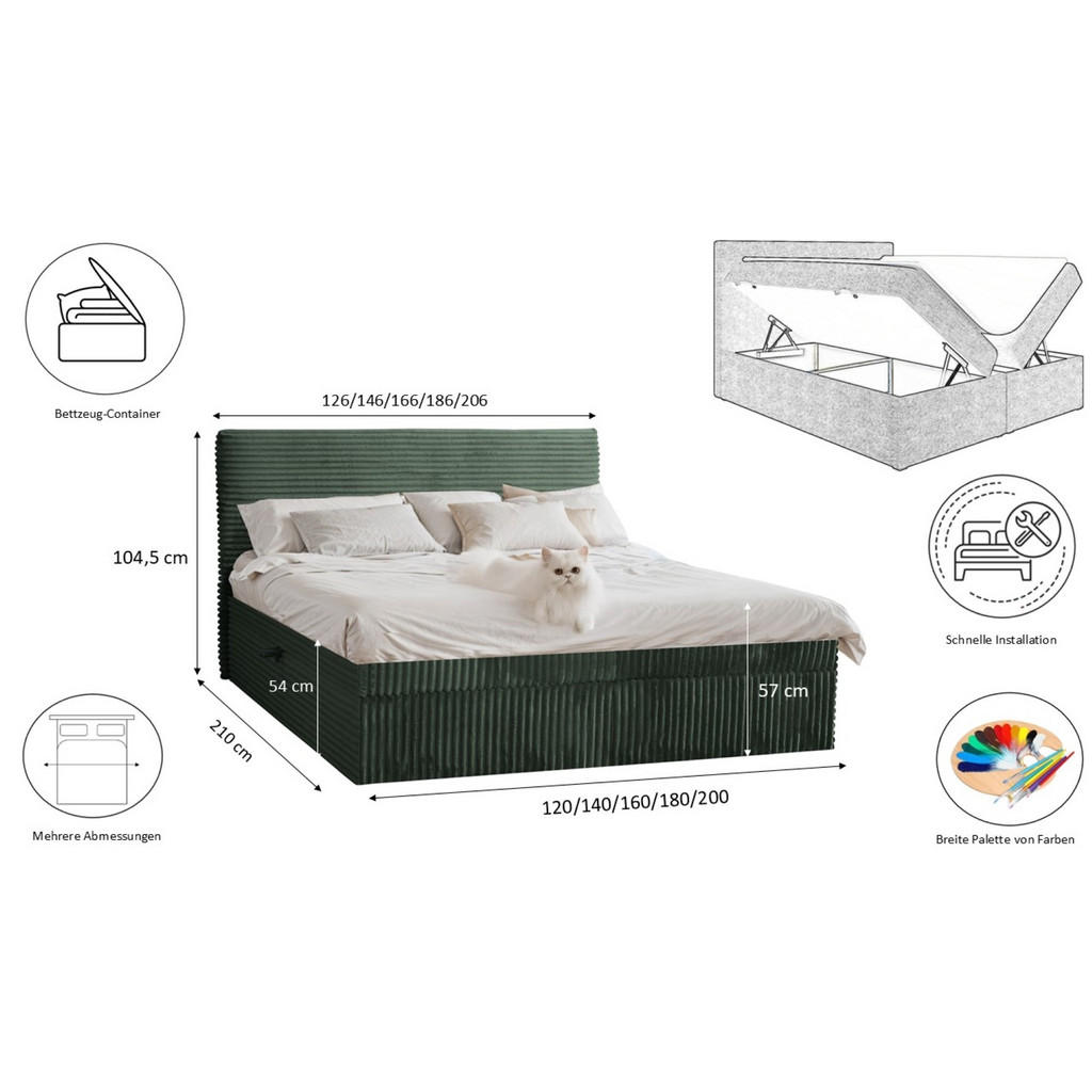 Thumbnail - Kaiser Möbel Boxbett, Grün, Textil, H2, Höhe ca. 20 cm, 120x200 cm, Schlafzimmer, Betten, Boxspringbetten