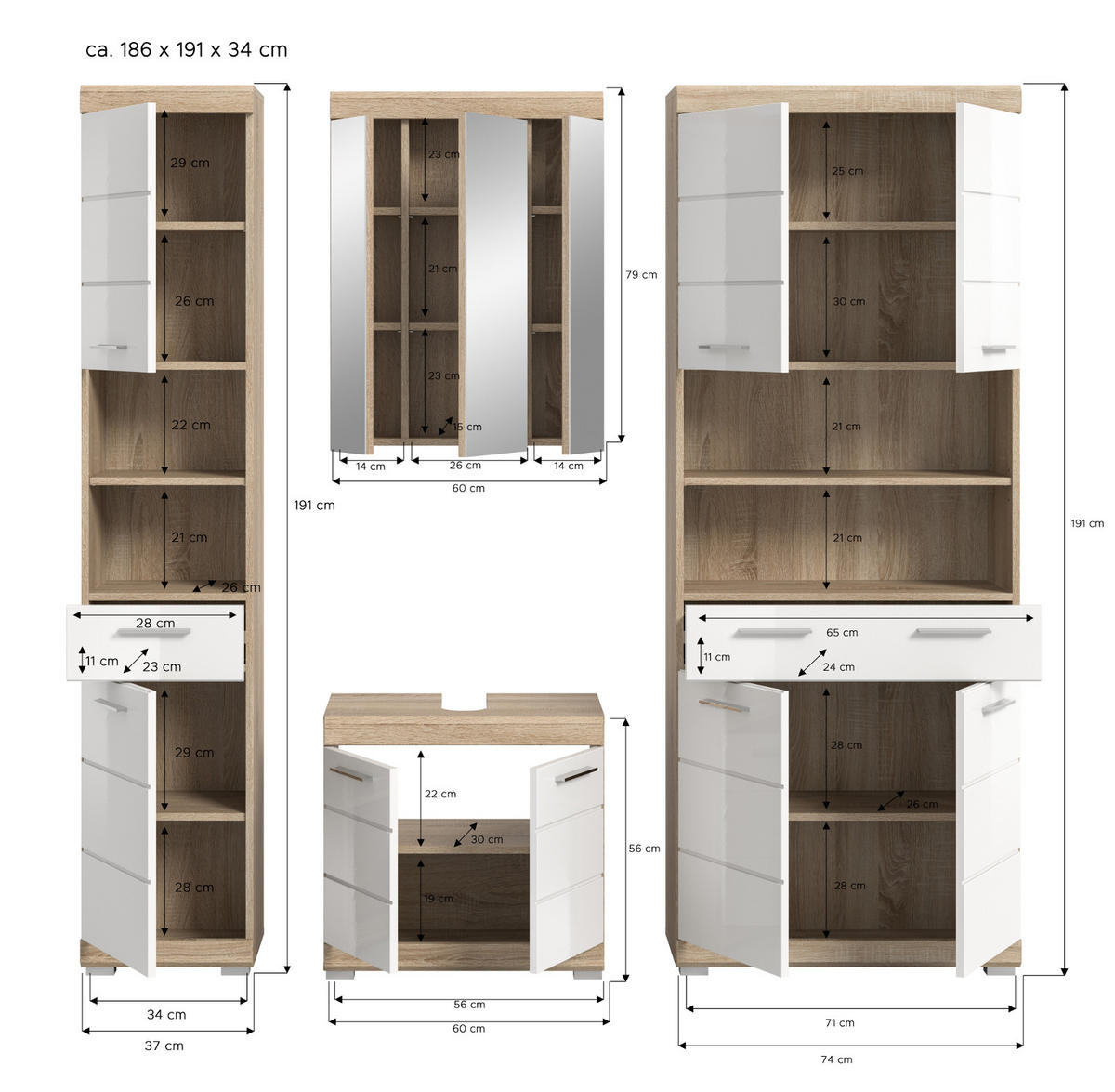 BADMÖBEL-SET weiß Hochglanz, Eiche 4-teilig 186 cm, viel Stauraum - Weiß Hochglanz/Eichefarben, Holzwerkstoff (186/191/34cm) - Inn.Furn