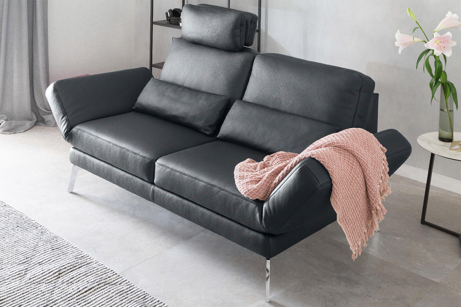LEDERSOFA HURRICANE Schwarz Leder - Silberfarben/Schwarz, Leder (170/87/141cm) - KAWOLA