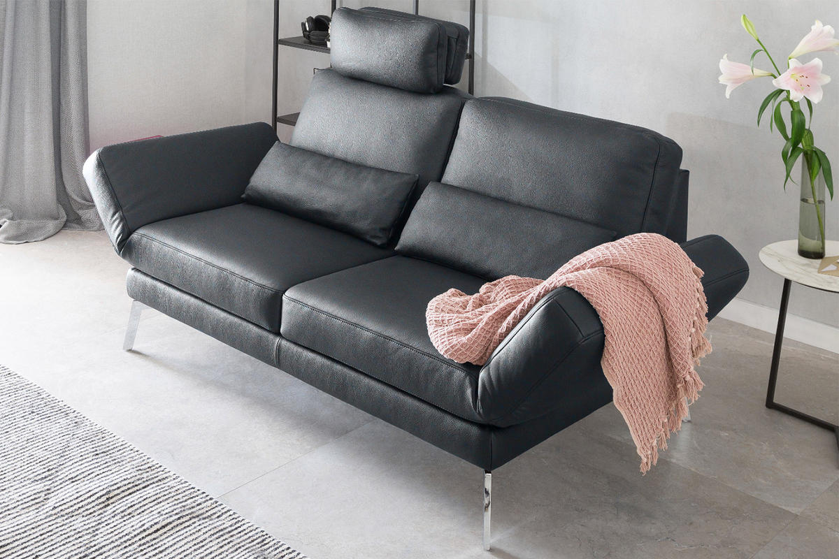 LEDERSOFA HURRICANE Schwarz Leder - Silberfarben/Schwarz, Leder (170/87/141cm) - KAWOLA
