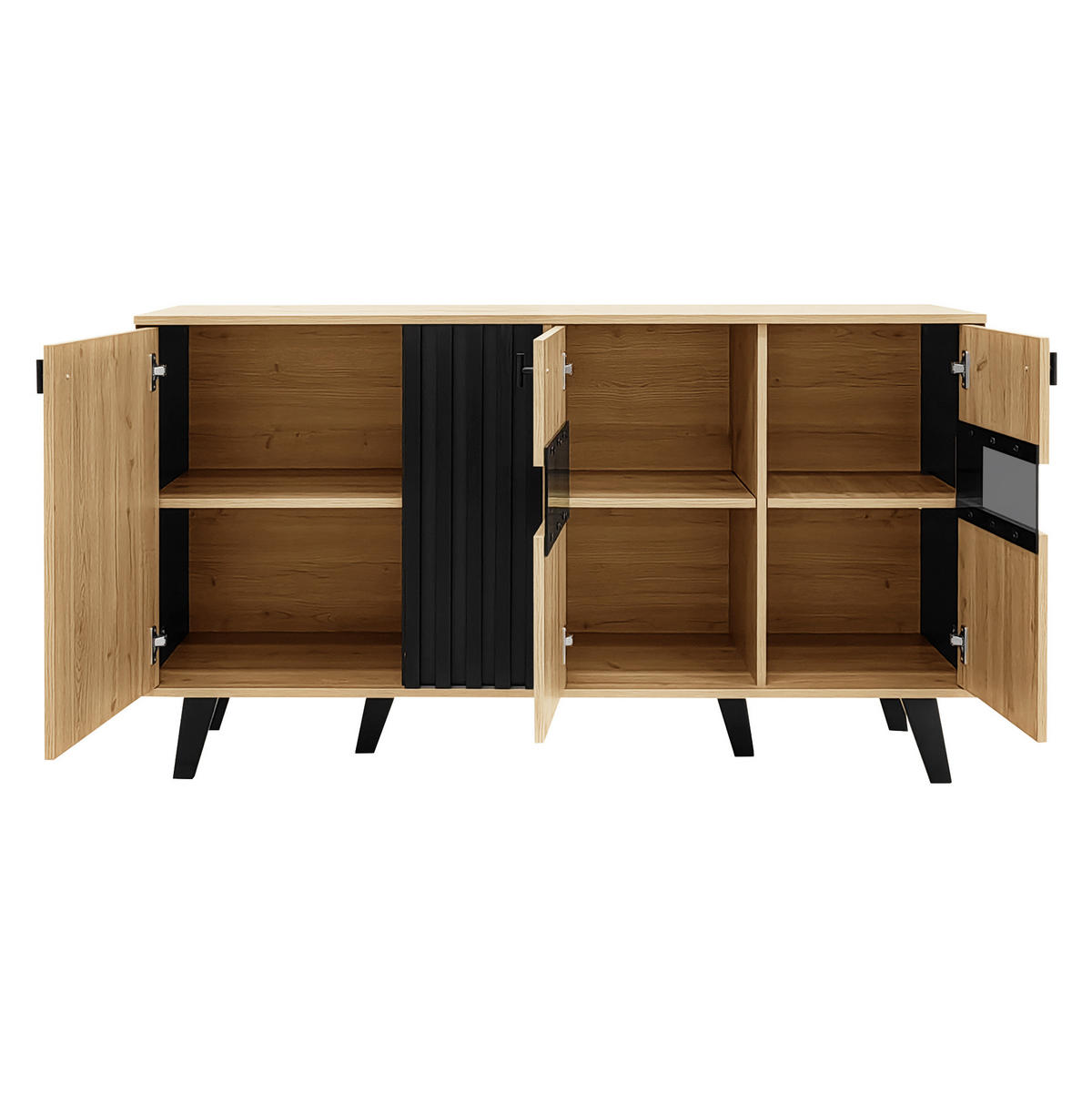 SIDEBOARD 140/41/78,5 cm in Natur/Schwarz mit 3 Türen und LED-Beleuchtung - Naturfarben, Holzwerkstoff (140/78/41cm) - Flora Grace