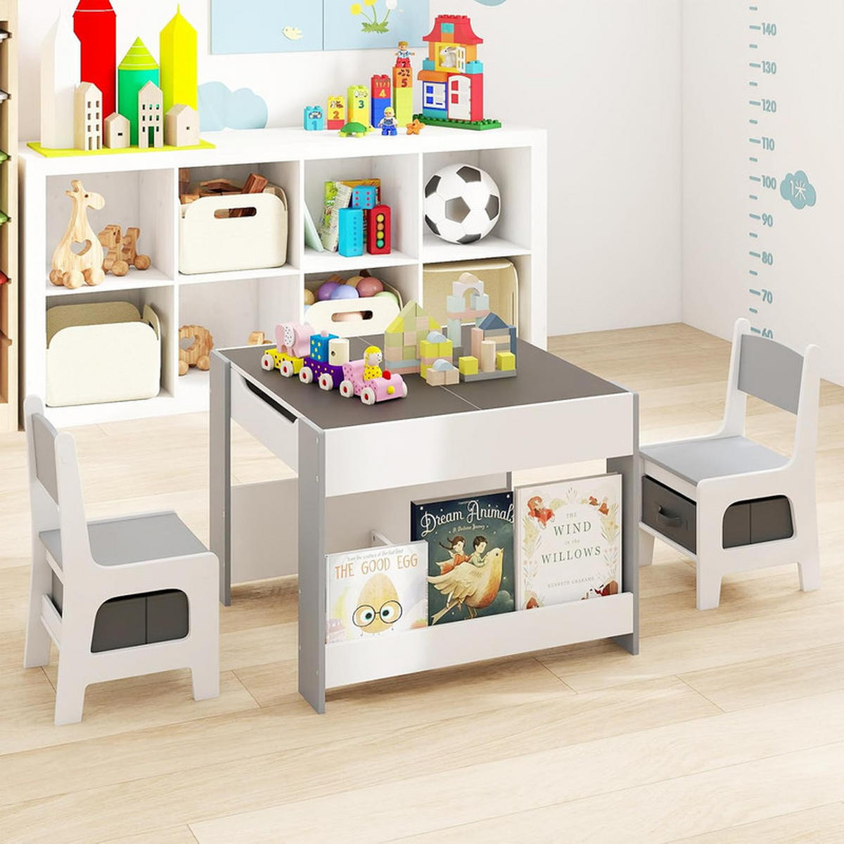 KINDERTISCH mit Stuhl grau(3-tlg) - Grau, Holzwerkstoff (61.5/48/61.5cm) - COSTWAY