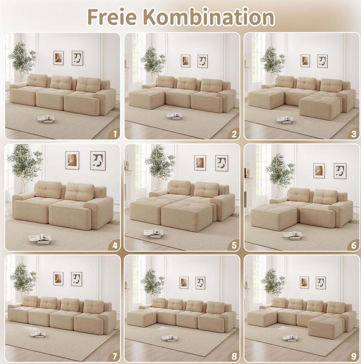 WOHNLANDSCHAFT 382/177/69 cm in Beige aus Cord mit Tiefsitz und modularer Form - Beige, Textil (177/69/382cm) - Flora Grace
